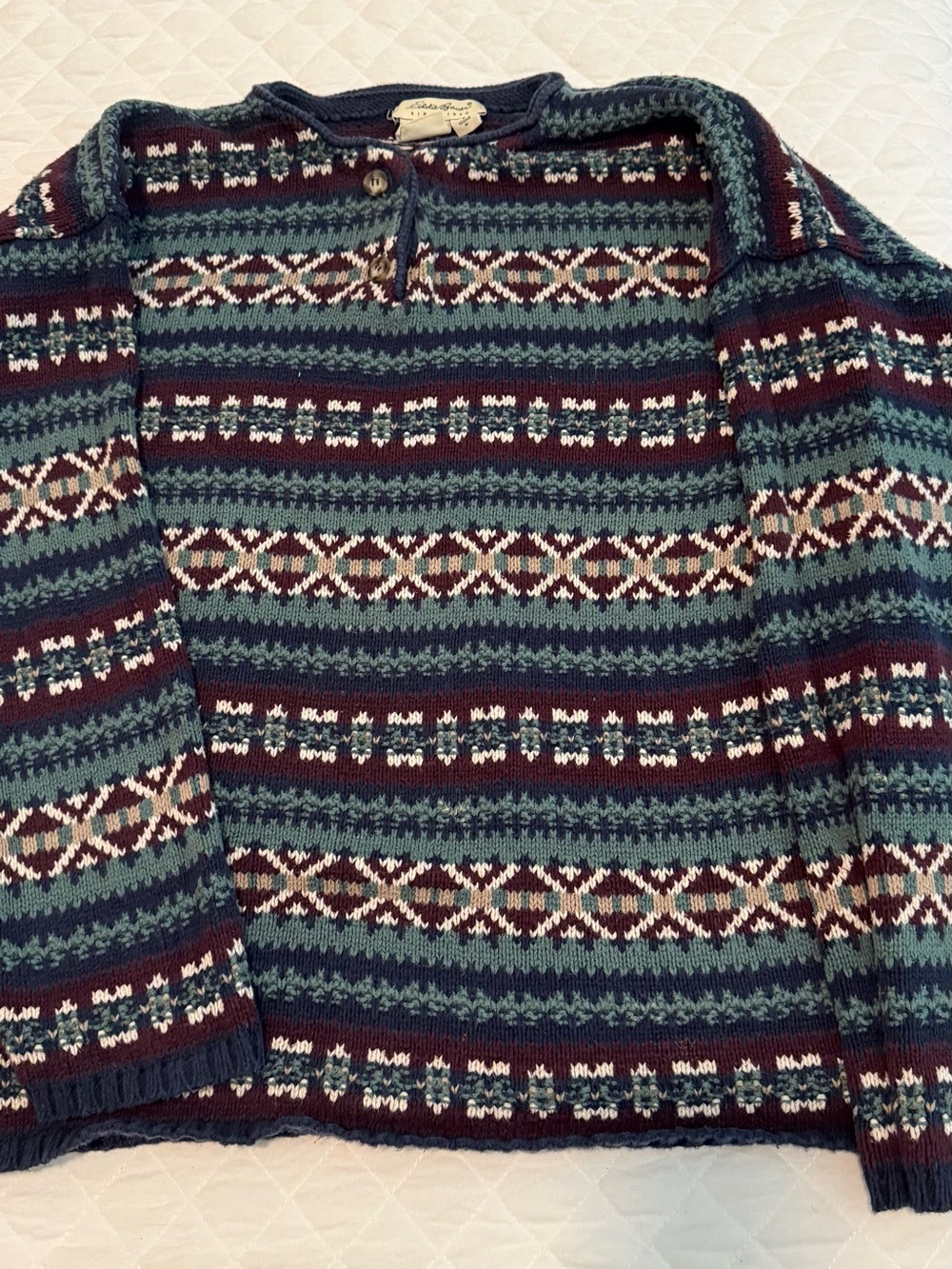 Eddie Bauer Vintage pullover Sweater, Dark blue,Teal, Burgundy & Cream size M